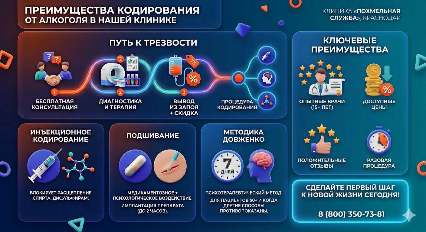 Инфографика о методах кодирования от алкоголя в Медведово: инъекции, подшивание, метод Довженко. Преимущества клиники и этапы лечения.